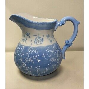 Bella Casa Ganz Blue White Floral Ceramic Pitcher Hand Painted 7.5” Cottage